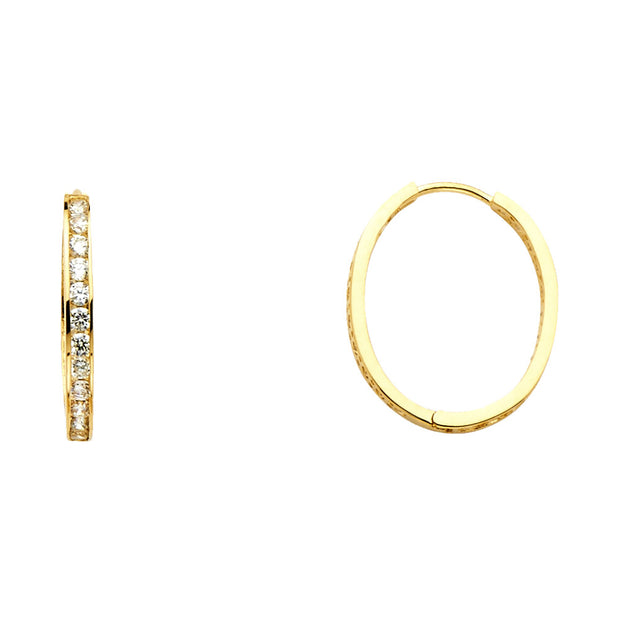 14K Gold RD CZ Stone Channel Oval Hoops