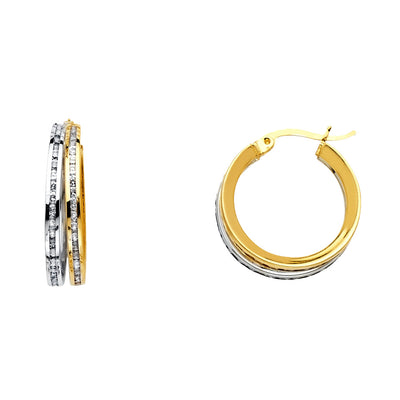 14K Gold RD CZ Stone Channel 2 Line Hoops