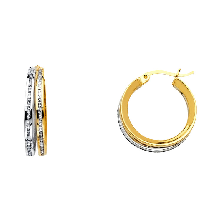 14K Gold RD CZ Stone Channel 2 Line Hoops
