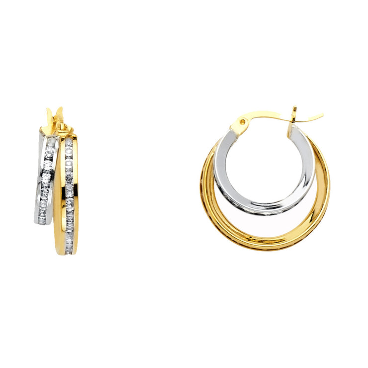 14K Gold RD CZ Stone Channel 2 Line Hoops