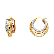 14K Gold RD CZ Stone Channel 3 Line Hoops
