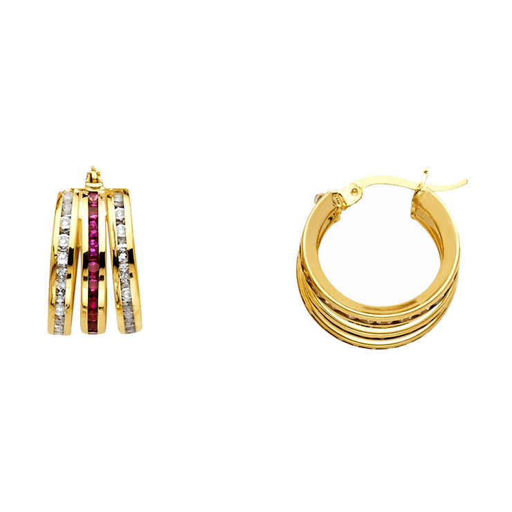 14K Gold Red & RD CZ Stone Channel 3 Line Hoops