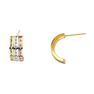 14K Gold RD CZ Stone Channel 3 Line Post Earrings