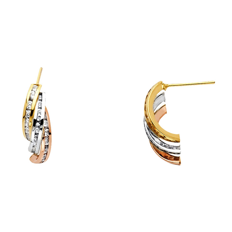 14K Gold RD CZ Stone Channel 3 Line Post Earrings