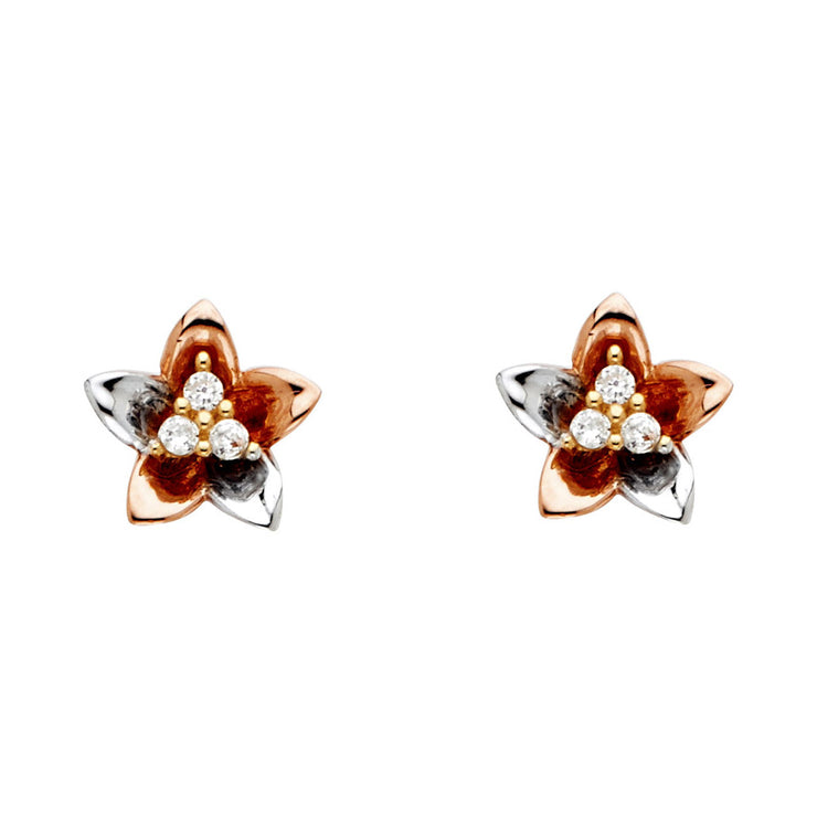 14K Gold CZ Stone Flower Studs