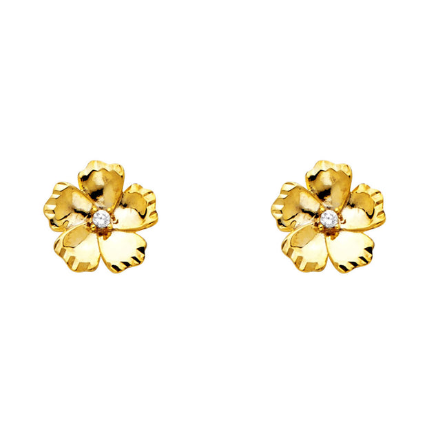 14K Gold CZ Stone Flower Studs