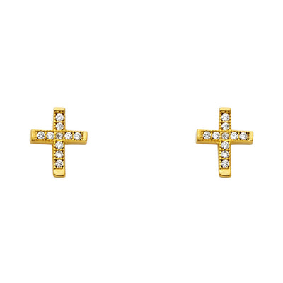 14K Gold CZ Stone Cross Studs