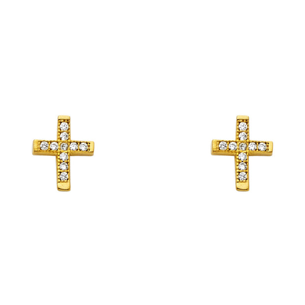 14K Gold CZ Stone Cross Studs