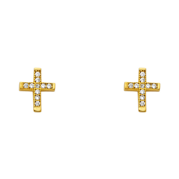 14K Gold CZ Stone Cross Studs