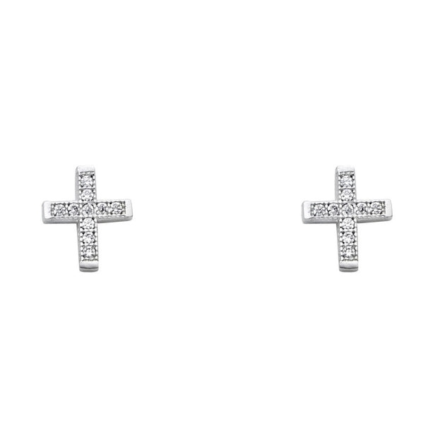 14K Gold CZ Stone Cross Studs