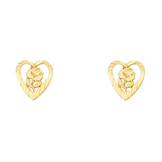 14K Gold Heart Flower Post Earrings