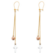 14K Gold Cross+Heart Hanging Earrings