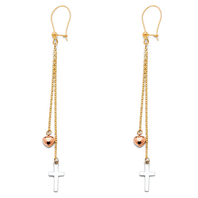 14K Gold Cross+Heart Hanging Earrings