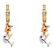 14K Gold CZ Stone Double Dolphin Huggie Hoops