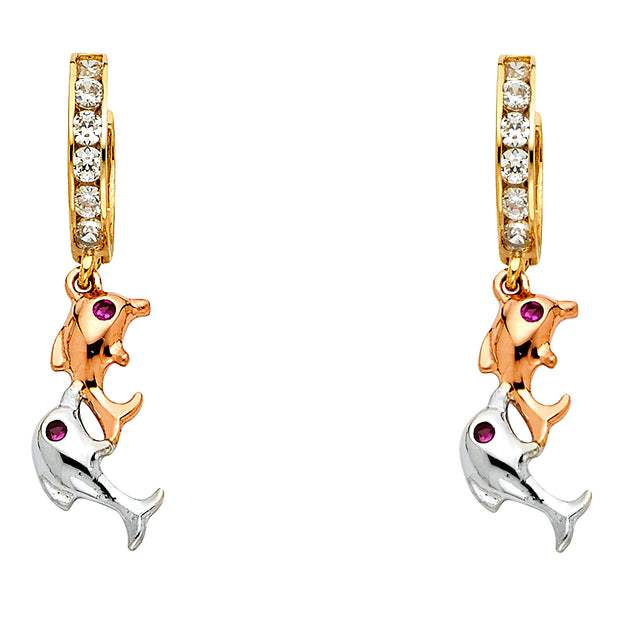 14K Gold CZ Stone Double Dolphin Huggie Hoops