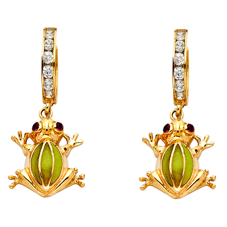 14K Gold Frog CZ Stone Frog Dangle Huggie Hoops