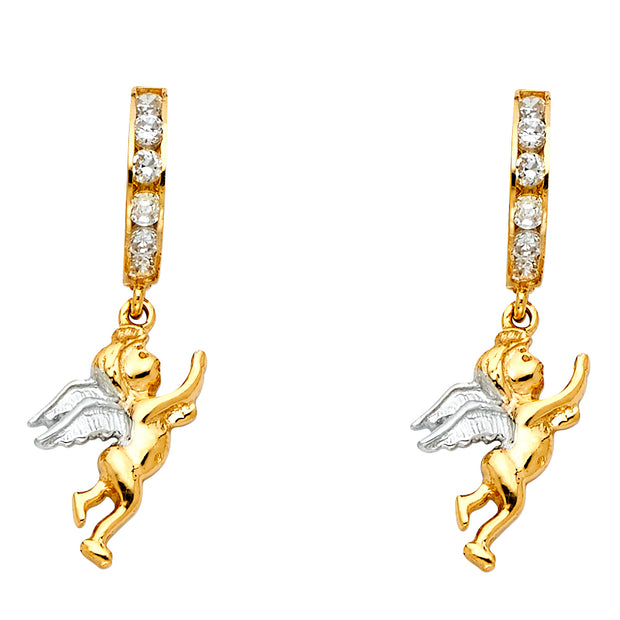 14K Gold CZ Stone Angel Dangle Huggie Hoops