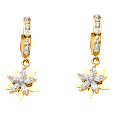 14K Gold CZ Stone Flower Dangle Huggie Hoops