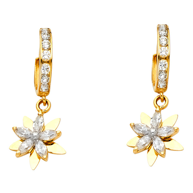 14K Gold CZ Stone Flower Dangle Huggie Hoops
