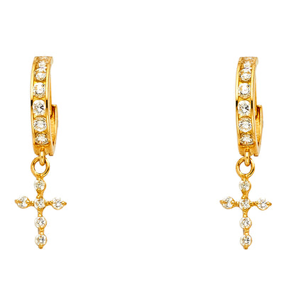 14K Gold CZ Stone Cross Huggie Hoops