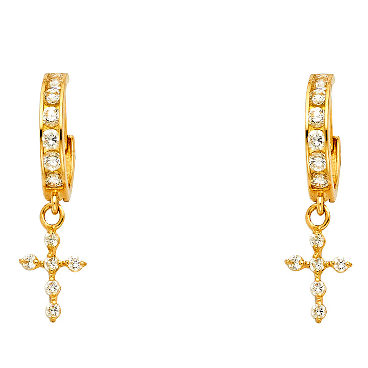 14K Gold CZ Stone Cross Huggie Hoops