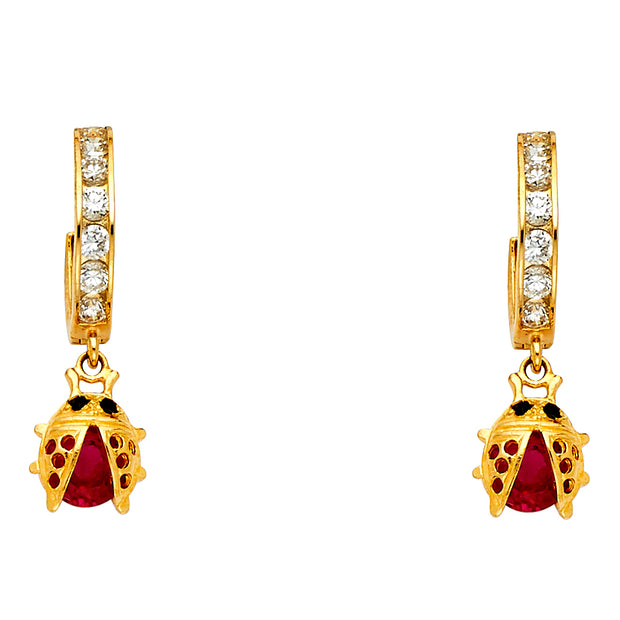 14K Gold CZ Stone Lady bug Huggie Hoops