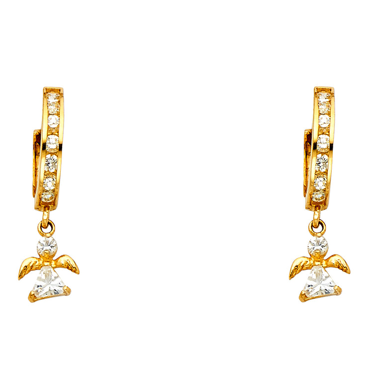 14K Gold CZ Stone Angel Huggie Hoops