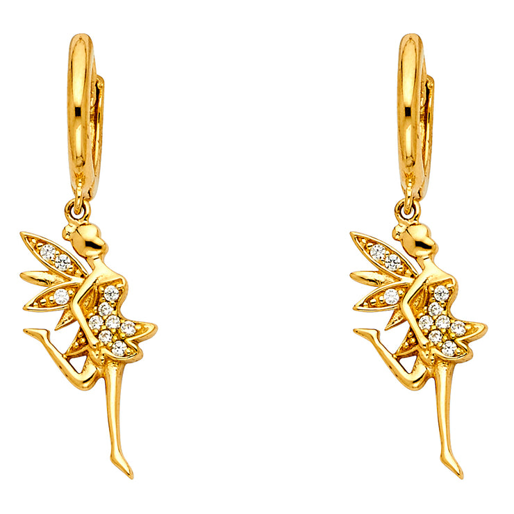 14K Gold CZ Stone Ballerina Hanging Huggie Hoops