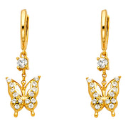 14K Gold CZ Stone Butterfly Hanging Huggie Hoops