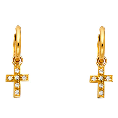 14K Gold CZ Stone Cross Hanging Huggie Hoops