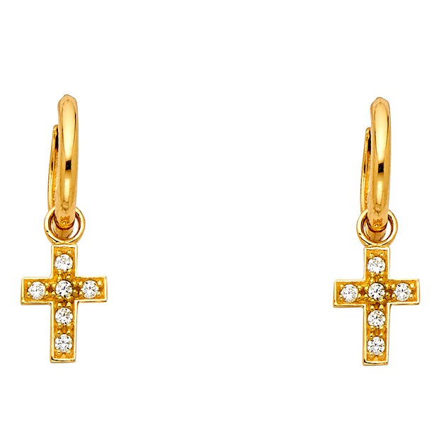 14K Gold CZ Stone Cross Hanging Huggie Hoops