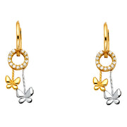 14K Gold CZ Stone Butterfly and Circle Hanging Huggie Hoops