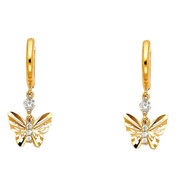 14K Gold CZ Stone Diamond Cut Butterfly Hanging Huggie Hoops