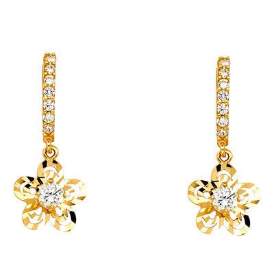 14K Gold CZ Stone Diamond Cut Flower Hanging Huggie Hoops