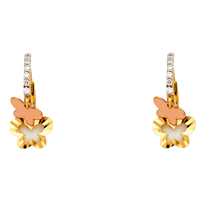 14K Gold CZ Stone Flower and Butterfly Hanging Huggie Hoops