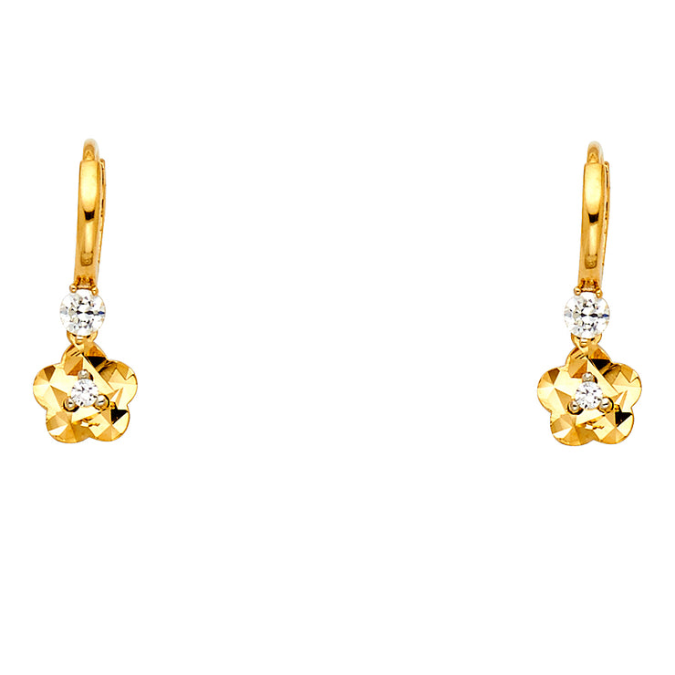 14K Gold CZ Stone Diamond Cut Flower Hanging Huggie Hoops
