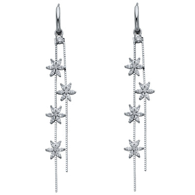 14K Gold CZ Stone Flower Dangle Huggie Hoops
