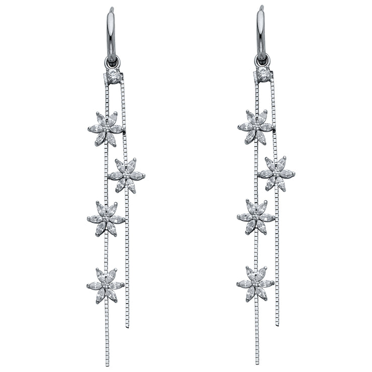 14K Gold CZ Stone Flower Dangle Huggie Hoops