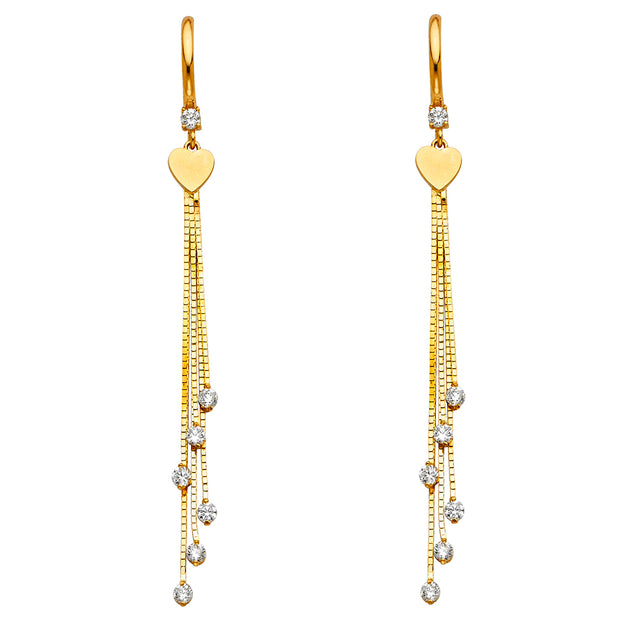 14K Gold CZ Stone Heart and circle Dangle Huggie Hoops