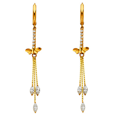 14K Gold CZ Stone marquee Dangle Huggie Hoops