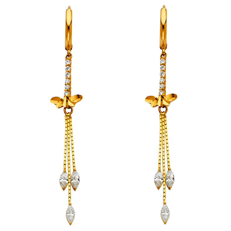 14K Gold CZ Stone marquee Dangle Huggie Hoops