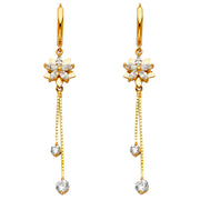 14K Gold CZ Stone Flower Dangle Huggie Hoops