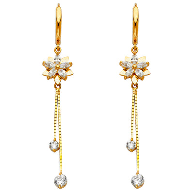 14K Gold CZ Stone Flower Dangle Huggie Hoops