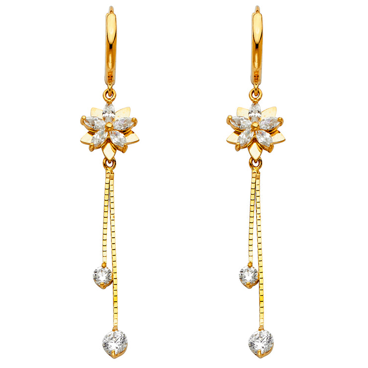 14K Gold CZ Stone Flower Dangle Huggie Hoops