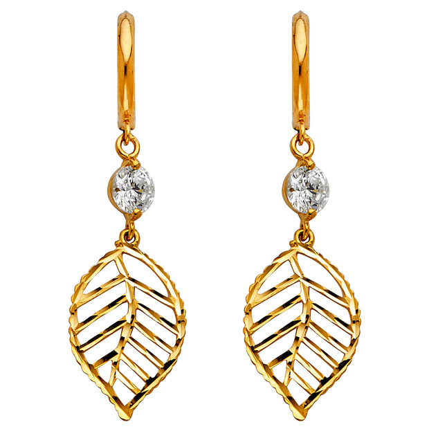 14K Gold CZ Stone Leaf cut Dangle Huggie Hoops