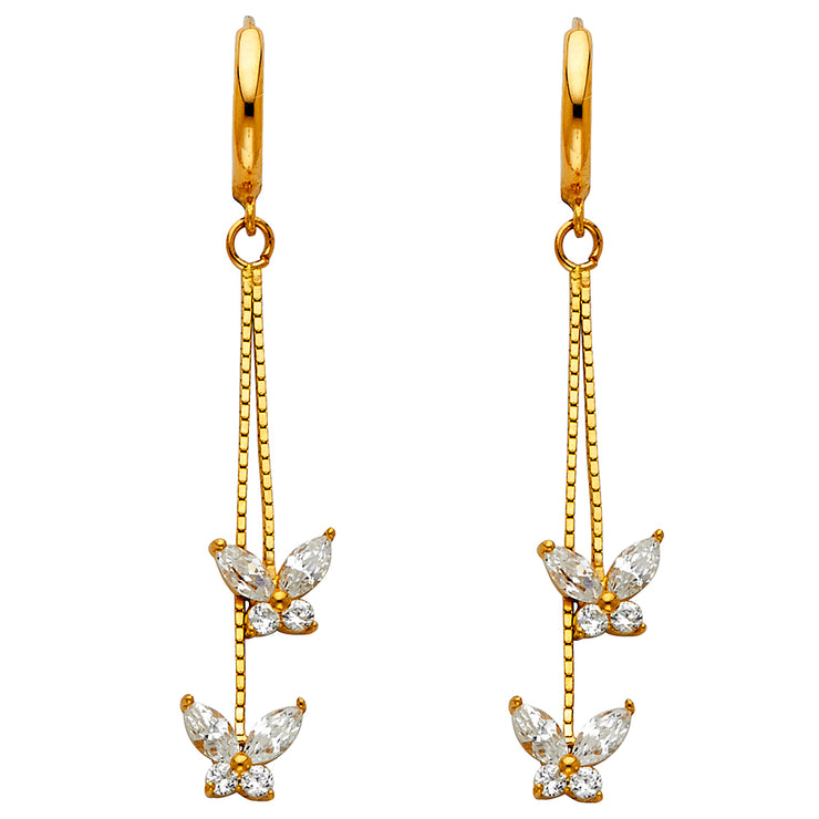 14K Gold CZ Stone Flower Dangle Huggie Hoops