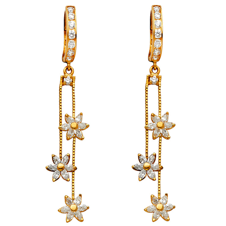 14K Gold CZ Stone Flower Dangle Huggie Hoops