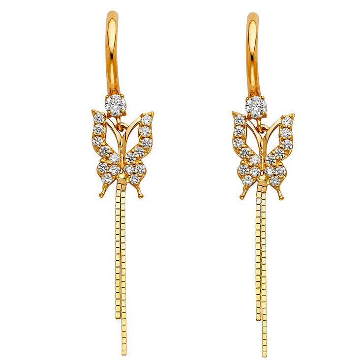 14K Gold CZ Stone Butterfly Dangle Huggie Hoops
