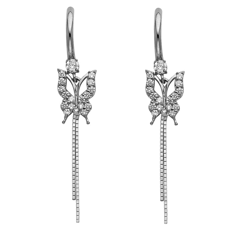 14K Gold CZ Stone Butterfly Dangle Huggie Hoops