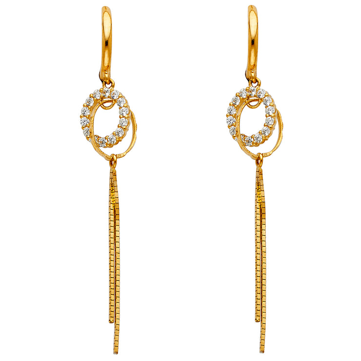 14K Gold CZ Stone Cricle Dangle Huggie Hoops